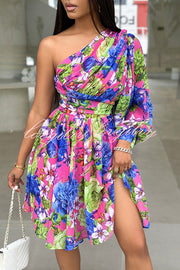 Stylish Printed One Shoulder Tighten Waist Mini Dress