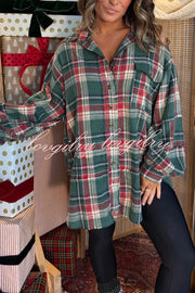 Christmas Morning Plaid Button Down Long Sleeve Pocket Loose Blouse