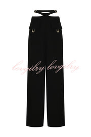 Leia High Neck Button Bell Sleeve Top and Cutout Waist Metal Pocketed Flare Pants Set