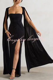 Elegant Goddess Square Neck Twisted Cape Sleeve Slit Maxi Dress