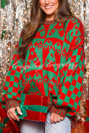 Christmas Candy Plaid Round Neck Long Sleeve Loose Knit Sweater