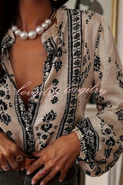 Unique Print Long-Sleeved Button-Up Elegant Shirt