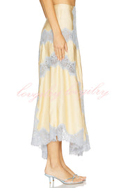 Wine Tasting Contrast Color Satin Lace Trim Irregular Hem Drape Midi Skirt