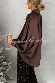 Chic and Merry Satin Bow Neck Batwing Sleeve Loose-fitting Blouse