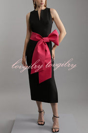 Clean Tailored Taffeta Contrast Oversized Bow Tie Waist Midi Dress