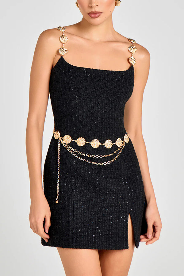 Timeless Exquisite Tweed Fabric Metal Coin Chain Detail Slip Mini Dress
