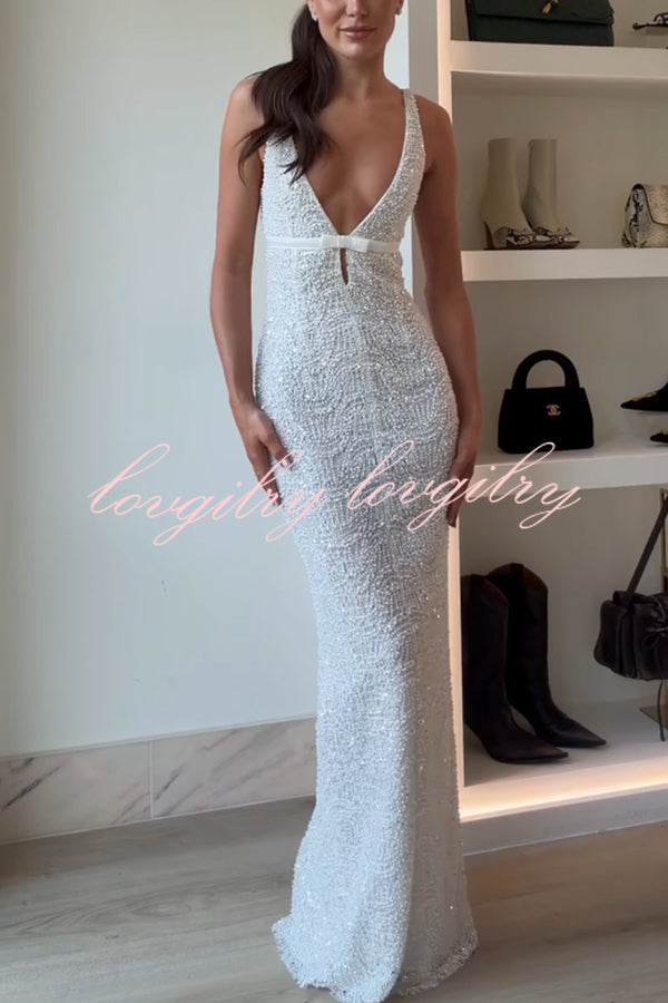 Festival Shines Sequin Beaded Mesh Bow Cutout Detail Slit Maxi Dress