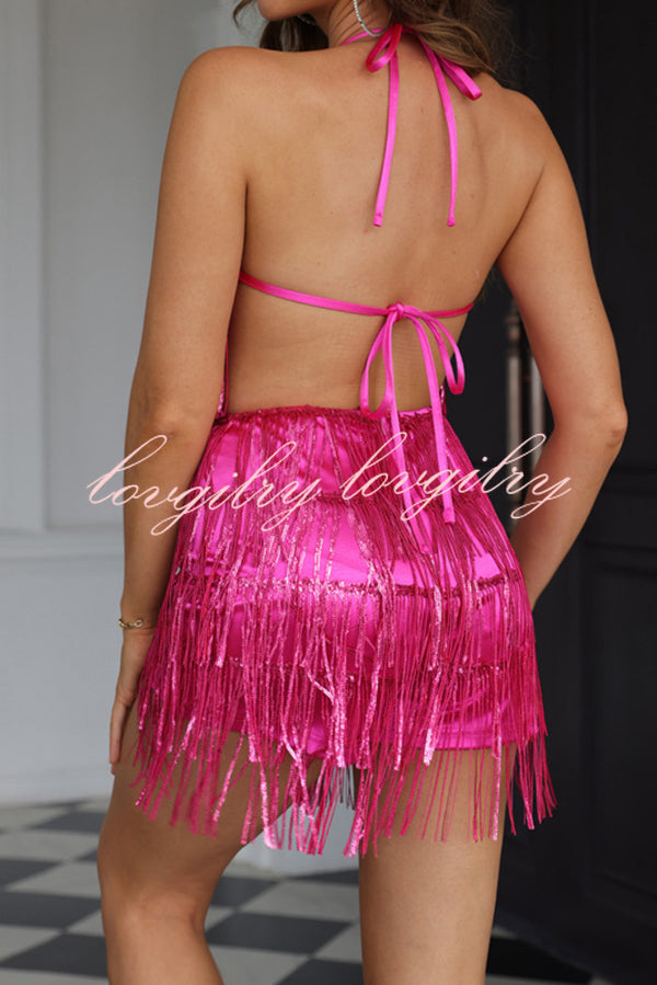 Shiny Sexy Halterneck Backless Lace-up Fringed Sequin Rompers