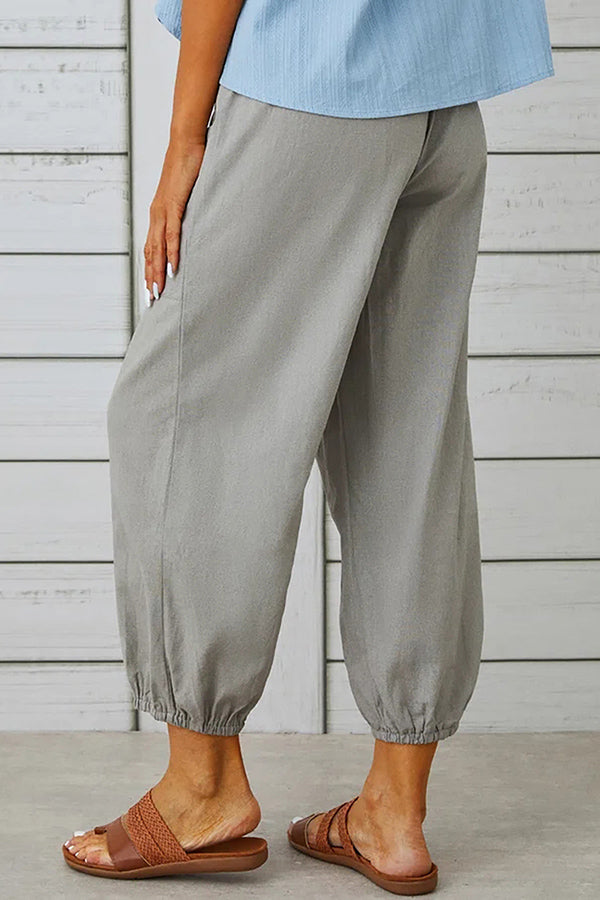 Tatum Linen Blend Elastic Waist Pocketed Button Hem Pants