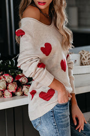 Stylish Color-blocked Heart-patterned Long-sleeved Loose Knit Sweater
