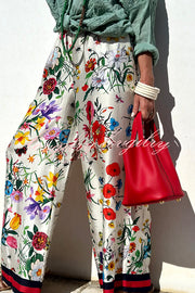 Fabulous Fiesta Satin Floral Unique Print Elastic Waist Pocket Wide Leg Pants