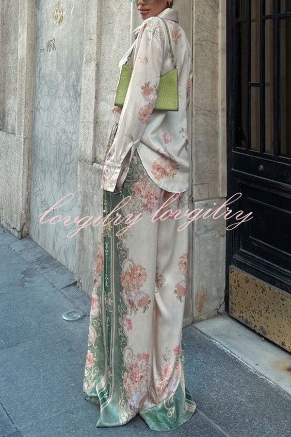 Antibes Satin Court Unique Printed Long Sleeve Loose Shirt and Elastic Waist Pants Set