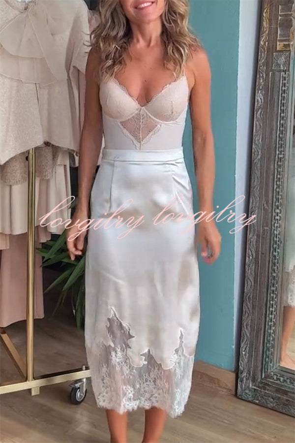 Lola Satin Lace Trim High Rise Side Zipper Loose Midi Skirt