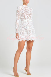 Champagne Toast Flower Lace Long Sleeve Bow Belted Mini Dress