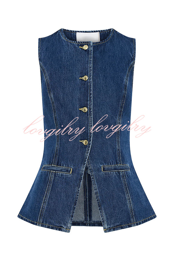 Abel Denim Button Up Seams Pocket Vest Top