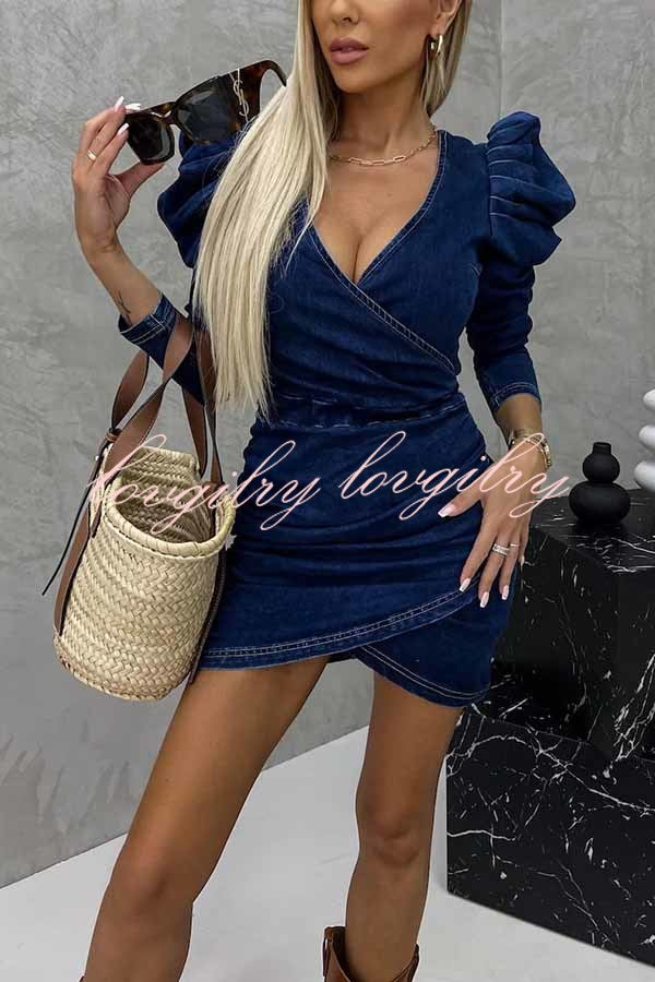 All The Best Denim Puff Sleeve Ruched Stretch Mini Dress