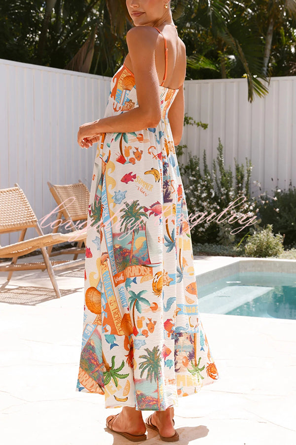 Marine Life Print Sleeveless Sling Holiday Maxi Dress