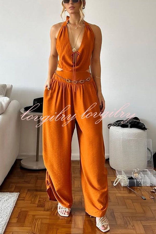 Alessia Cutout Waist Back Tie-up Pocket Halter Harem Jumpsuit