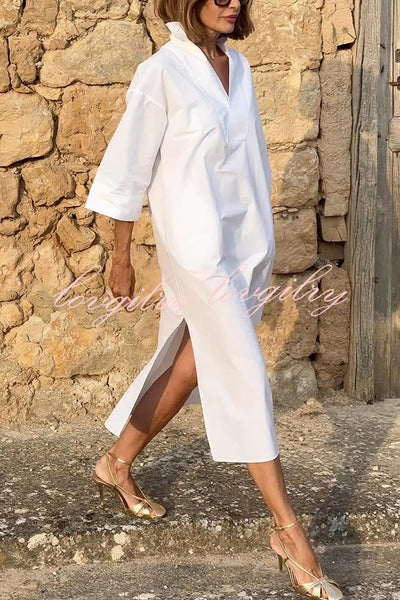 Solid Color V-neck Half-sleeve Loose Slit Midi Dress