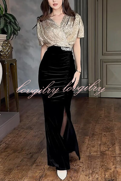 Elegant V-neck Sequined Velvet Stitching Sexy Slit Maxi Dress