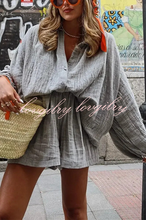 Solid Color Lapel Long Sleeve Loose Shirt and Elastic Waist Casual Pocket Shorts Set