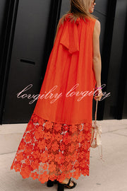 Breezy Comfort Tie-up Neck Sleeveless Floral Lace Hem Maxi Dress