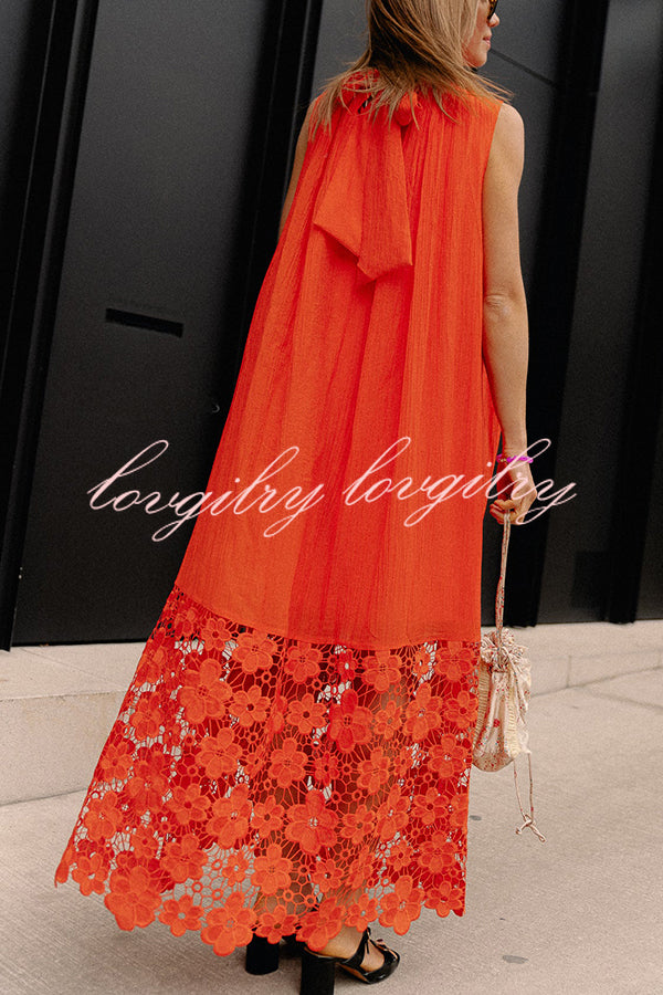 Breezy Comfort Tie-up Neck Sleeveless Floral Lace Hem Maxi Dress