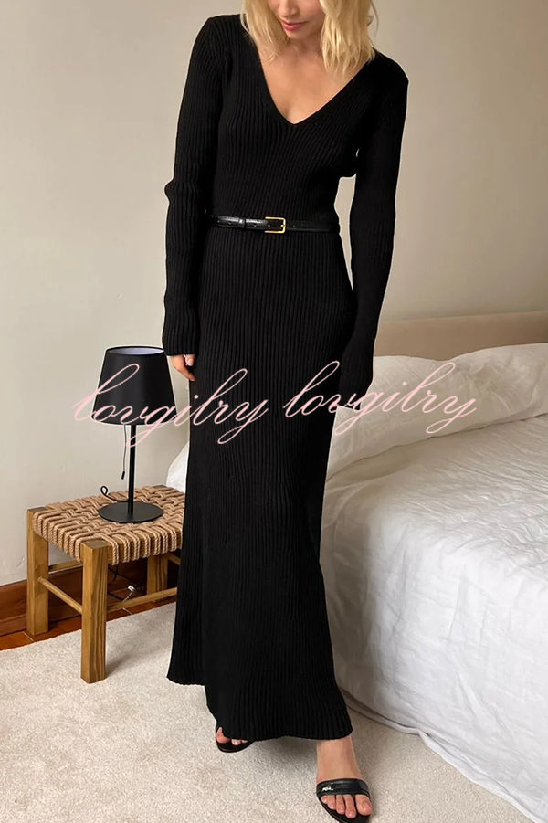 Solid Color V-neck Long-sleeved Slim-fit Elegant Knit Maxi Dress