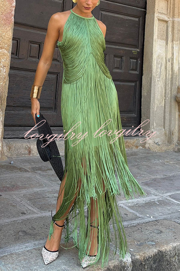 Fashion Sleeveless Halter Neck Elegant Tassel Slim Maxi Dress