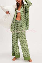 Unique Printed Lounge Long-sleeved Shirt and Elastic Waisted Baggy Pants Set