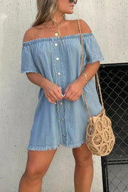 Fashionable Off Shoulder Short-sleeved Loose Denim Mini Dress