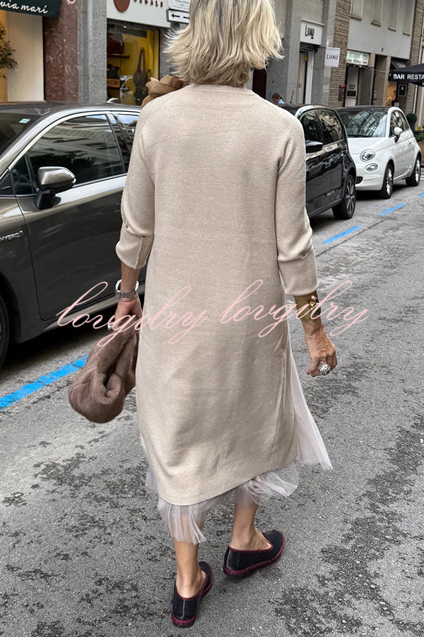Jollie Knit Long Sleeve Front Slit Midi Sweater and Pleated Tulle Stretch Tank Midi Dress Two-piece Set