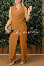 Linen Blend Solid Color V-neck Tie Loose Jumpsuit