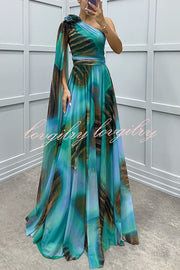 Lucia Unique Print Floral Detail One Shoulder Draped Sleeve Gown Maxi Dress