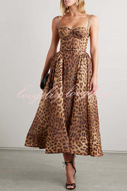 Unleash Your Wild Leopard Rhinestone Trim Back Smocked Midi Dress