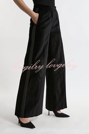 Cue The Cocktails Velvet Grosgrain Detail Pocketed Wide Leg Pants