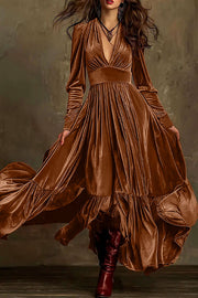 Fashionable Velvet V-neck Long-sleeved High-waisted Maxi Dress