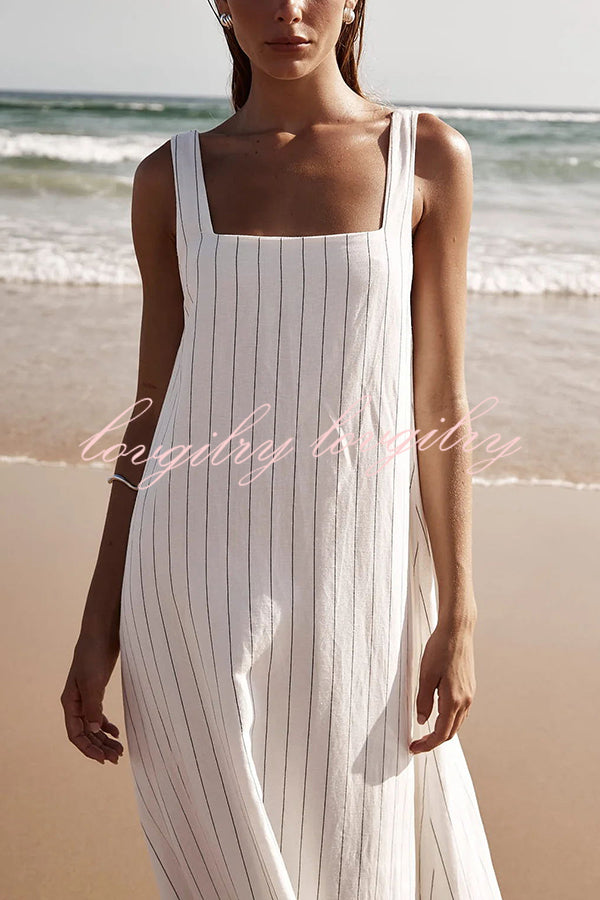 Simple and Stunning Linen Blend Pinstripe Detail Square Neck A-line Maxi Dress