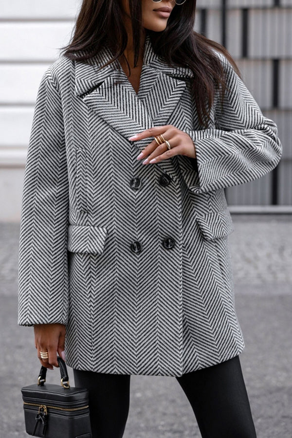 Fashion Stripe Print Lapel Pocket Coat