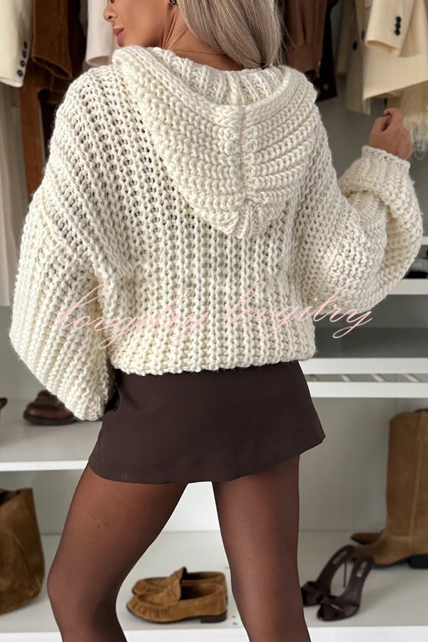 Warm Day Knit Button Up Long Balloon Sleeve Hooded Loose Cardigan