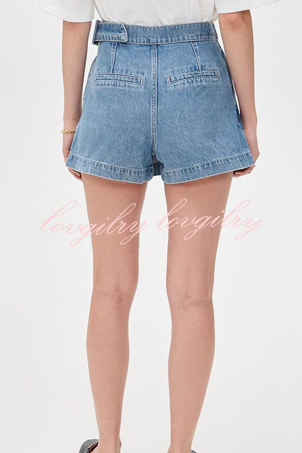 Fall for That Denim Faux Wrap Buckle Tie Pocketed Mini Shorts