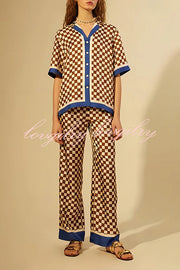 Olivia Satin Checkerboard Colorblock Print Shirt and Elastic Waist Pocketed Loose Pants Set