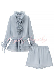 Fashionable Flower-decorated V-neck Loose Top and Elastic Waist Casual Shorts Set