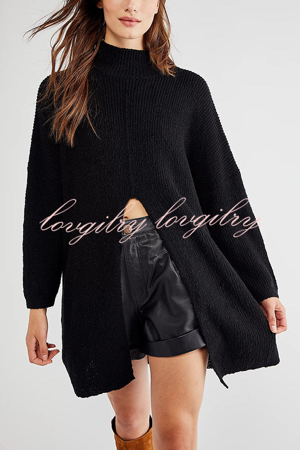 Solid Color Long Sleeve Slit Knitted Sweater