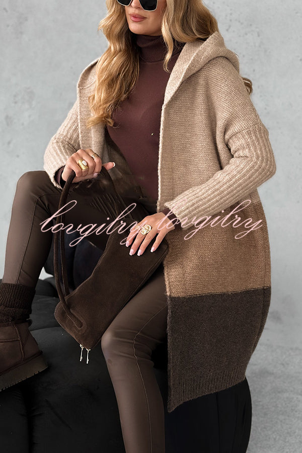 Fashionable Knit Patchwork Color Long-sleeved Hooded Loose Mid-length Cardigan