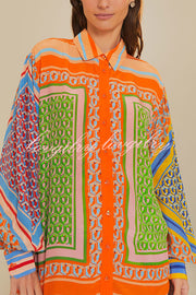 Brazil's Joyful Spirit Colorful Unique Print Balloon Sleeve Button Shirt