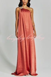 Charming Glance Satin Metal Hardware One Shoulder Loose Maxi Dress