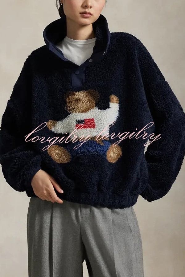 American Retro Polo Bear Pattern Stand Button Neck Long Sleeve Fleece Pullover