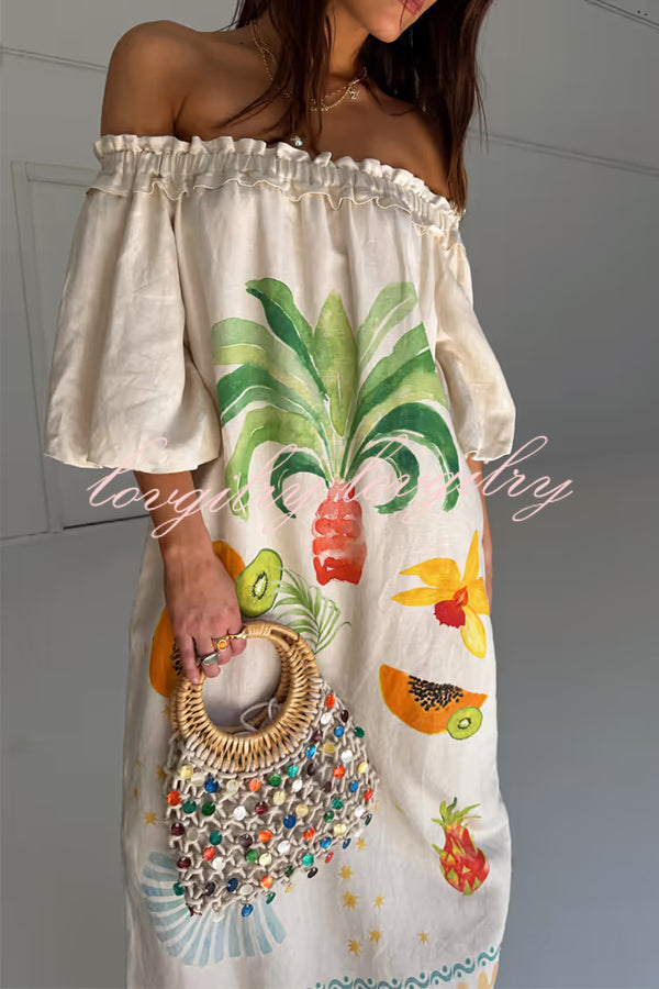Sunveil Linen Blend Unique Print Puff Sleeve Pocket Strapless Maxi Dress