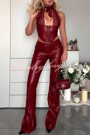 Style Challenge Stretch Faux Leather Lace Halter Tank and Zipper Waist Flare Pants Set